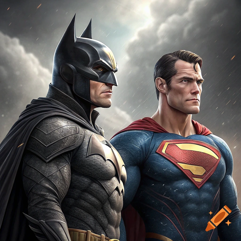 Photorealistic portrait of Batman and Superman standing side-by-side against a stormy, cloudy sky.