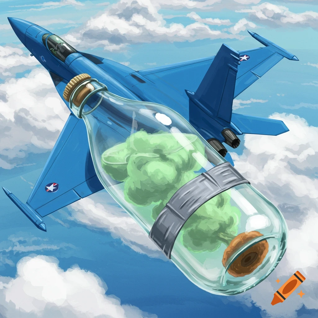 A blue jet plane flies through a cloudy sky with a clear glass bottle containing green gas taped to its underside.