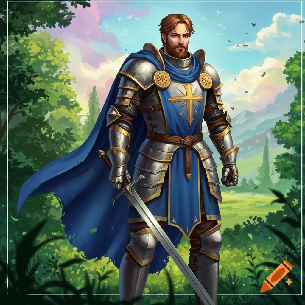 A bearded knight in shining silver and gold armor and a blue cape holds a sword in a lush green forest clearing with mountains in the background.