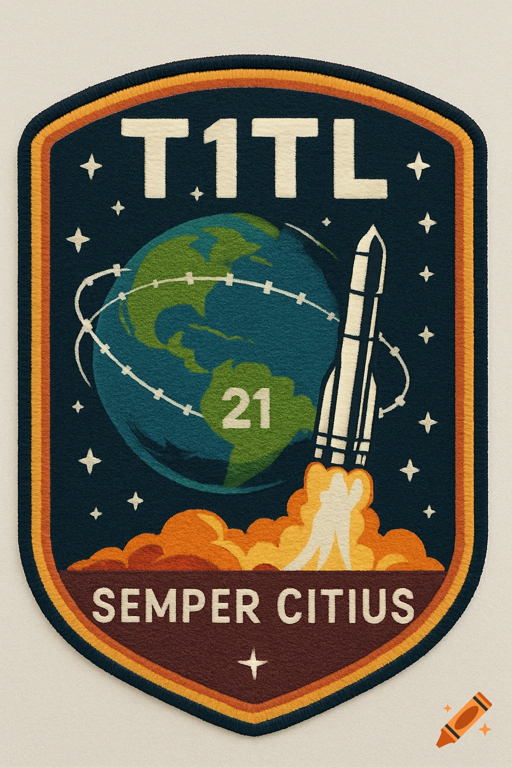 An embroidered space patch logo with a rocket launching from Earth, featuring text 'T1TL', '21', and 'SEMPER CITIUS'.