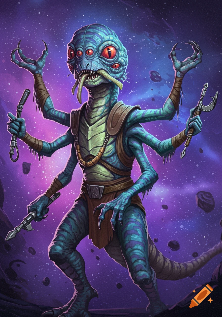 A blue-green Besalisk alien with four arms and multiple red eyes, holding bladed weapons against a purple starry space background.