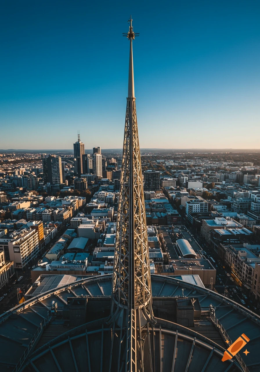 High-angle view of the Arts Centre spire overlooking the Melbourne city skyline at golden hour under a blue sky.