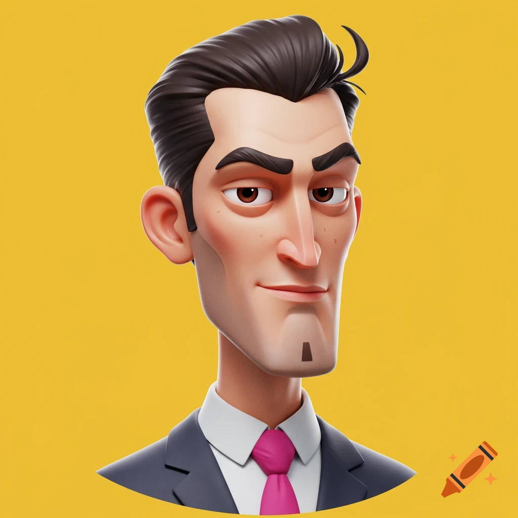 A stylized cartoon bust of a man with dark hair and a pink tie, resembling an AI avatar, on a yellow background.