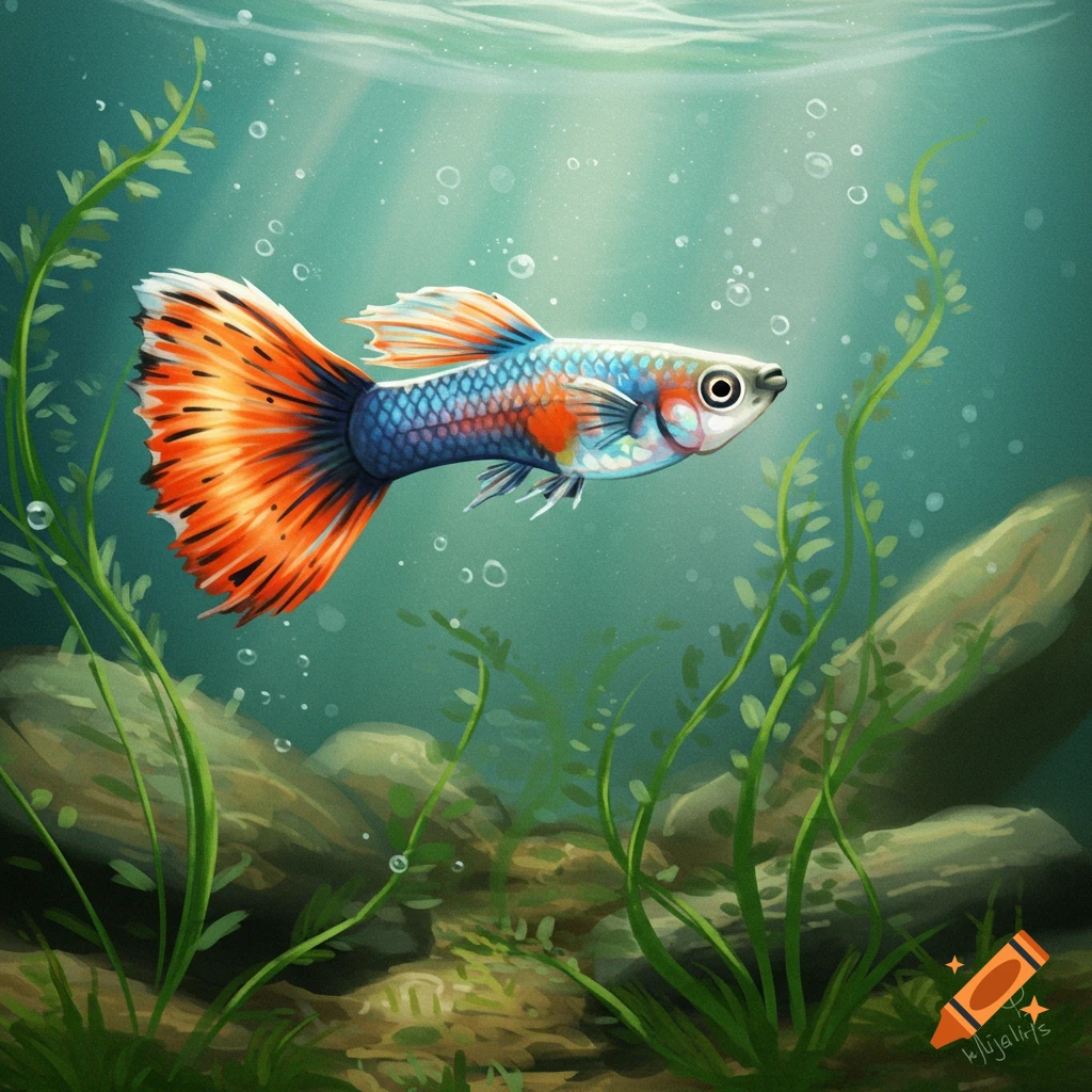 A vibrant, illustrated guppy fish swims gracefully underwater amidst green plants and rocks, with light rays filtering from the surface.