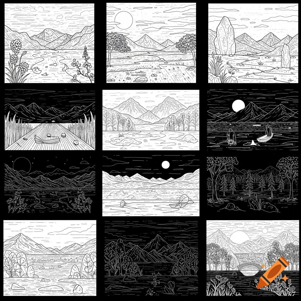 Nine panels of black and white minimalist line art landscapes, featuring mountains, rivers, trees, and celestial bodies.