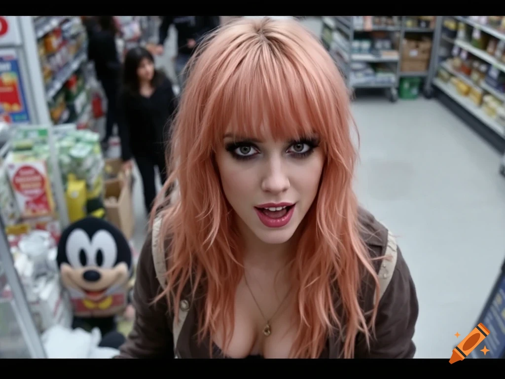 A young woman with peach hair looks up in a supermarket aisle, a Mickey Mouse plush visible nearby.