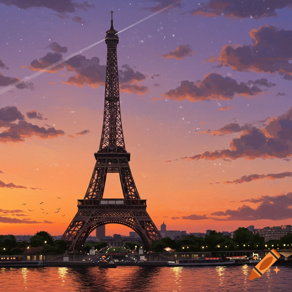 A stylized image of the Eiffel Tower at sunset, with an orange and purple sky, reflected in the river below, with city lights and boats.