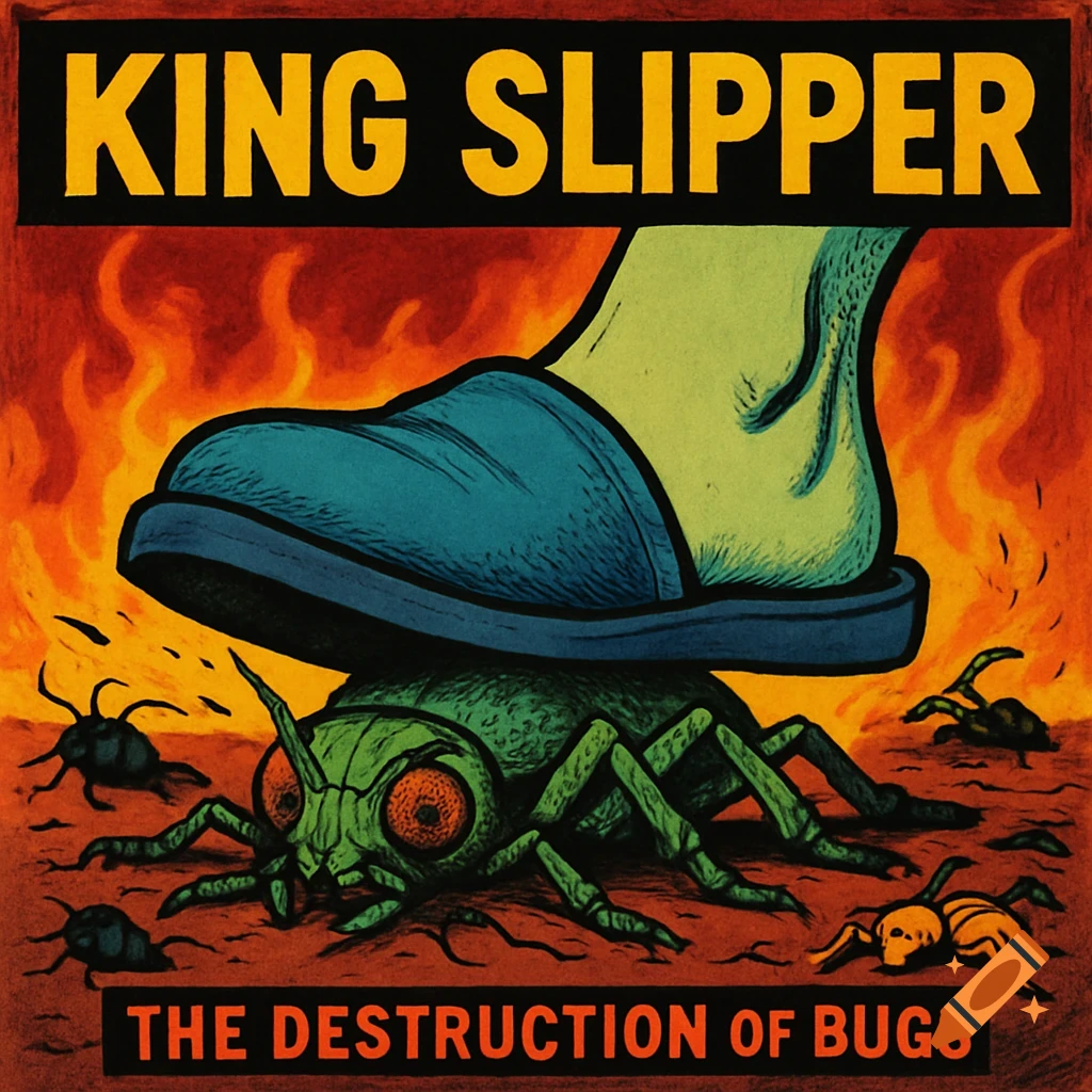 A person's foot in a blue slipper crushes a large green bug on an orange fiery background, with the text "KING SLIPPER" and "THE DESTRUCTION OF BUGS".
