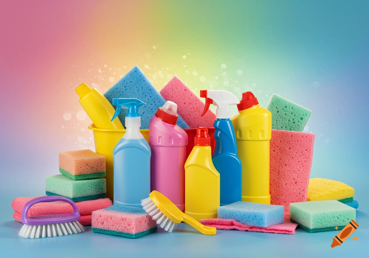 A colorful array of cleaning supplies including bottles, sprayers, sponges, and brushes against a rainbow background.