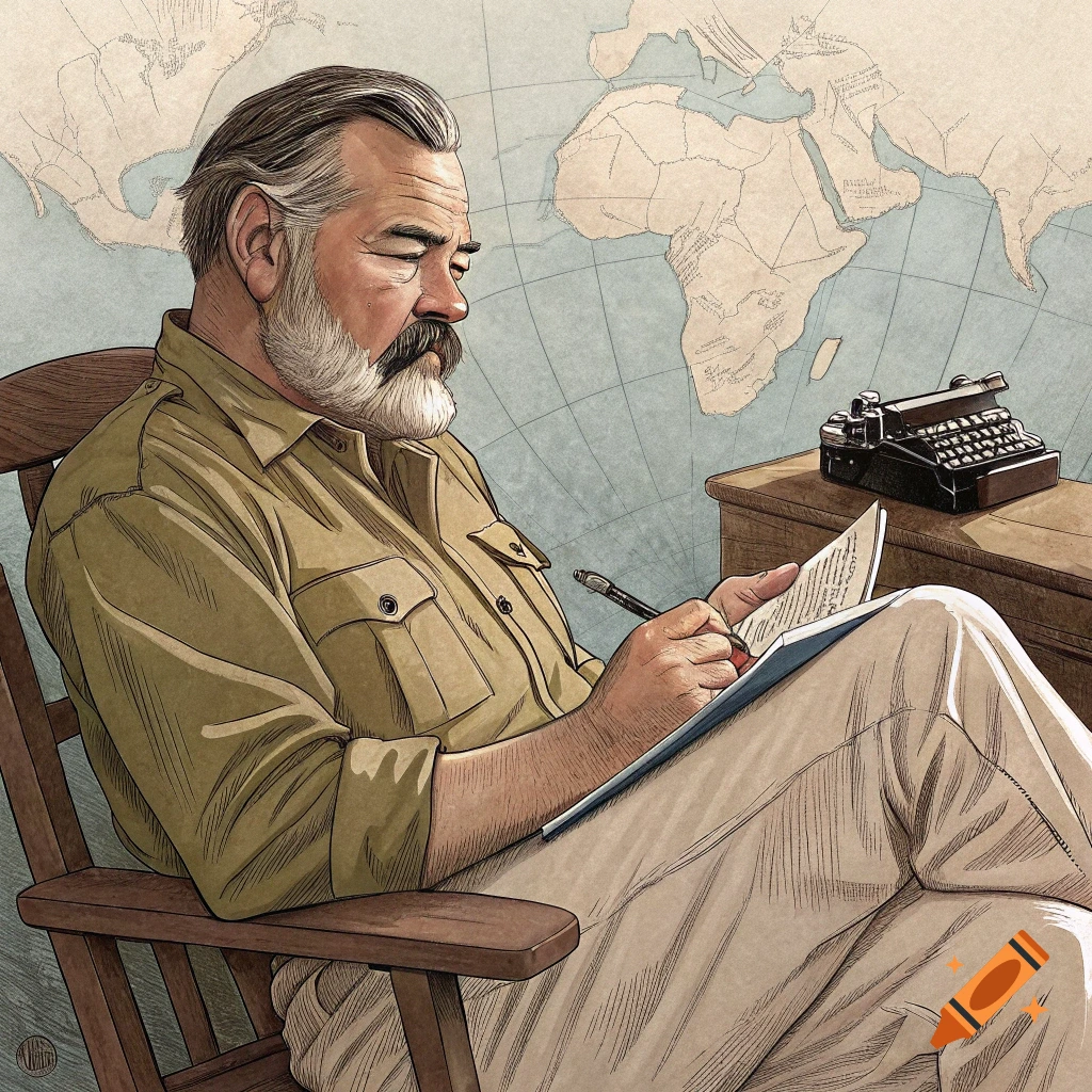 An illustration of Ernest Hemingway sitting in a rocking chair, writing in a notebook, with a world map and a typewriter in the background.