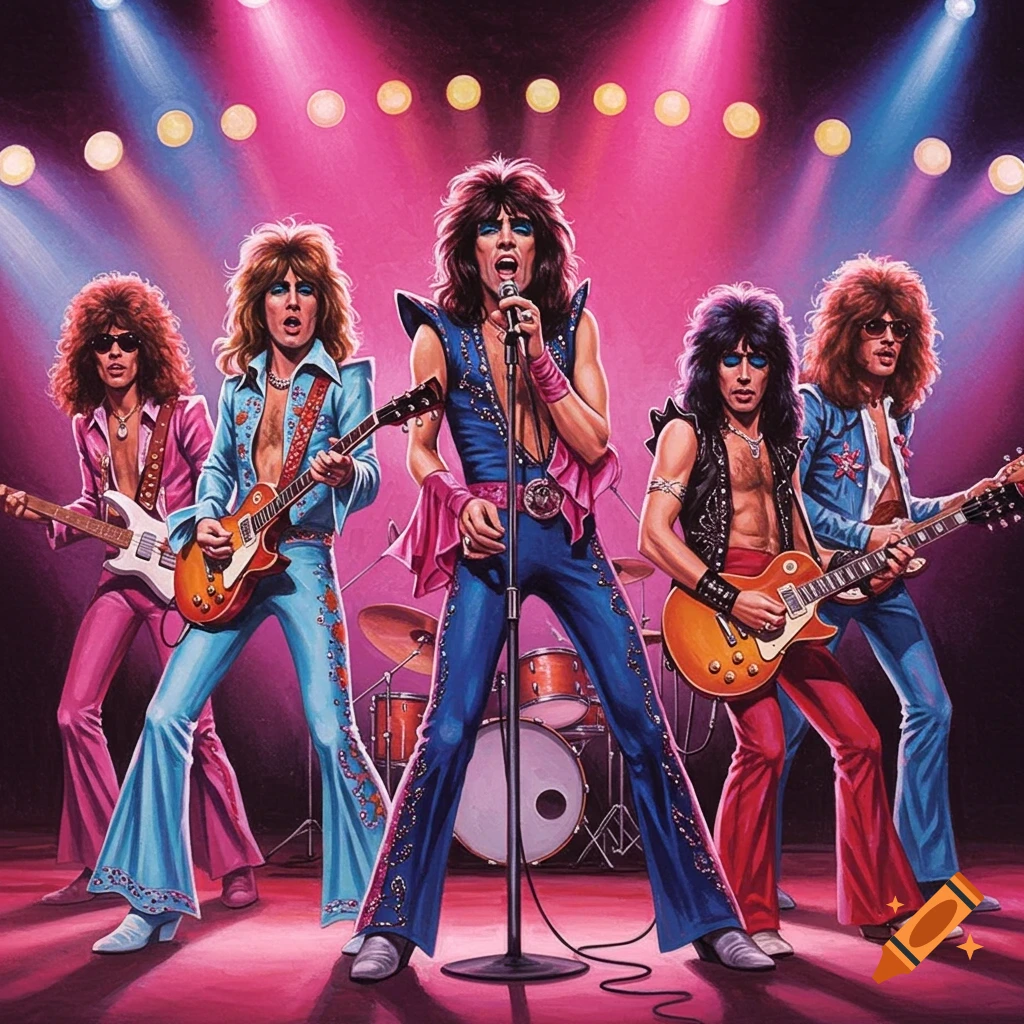 A colorful glam rock band performs on stage under vibrant spotlights.