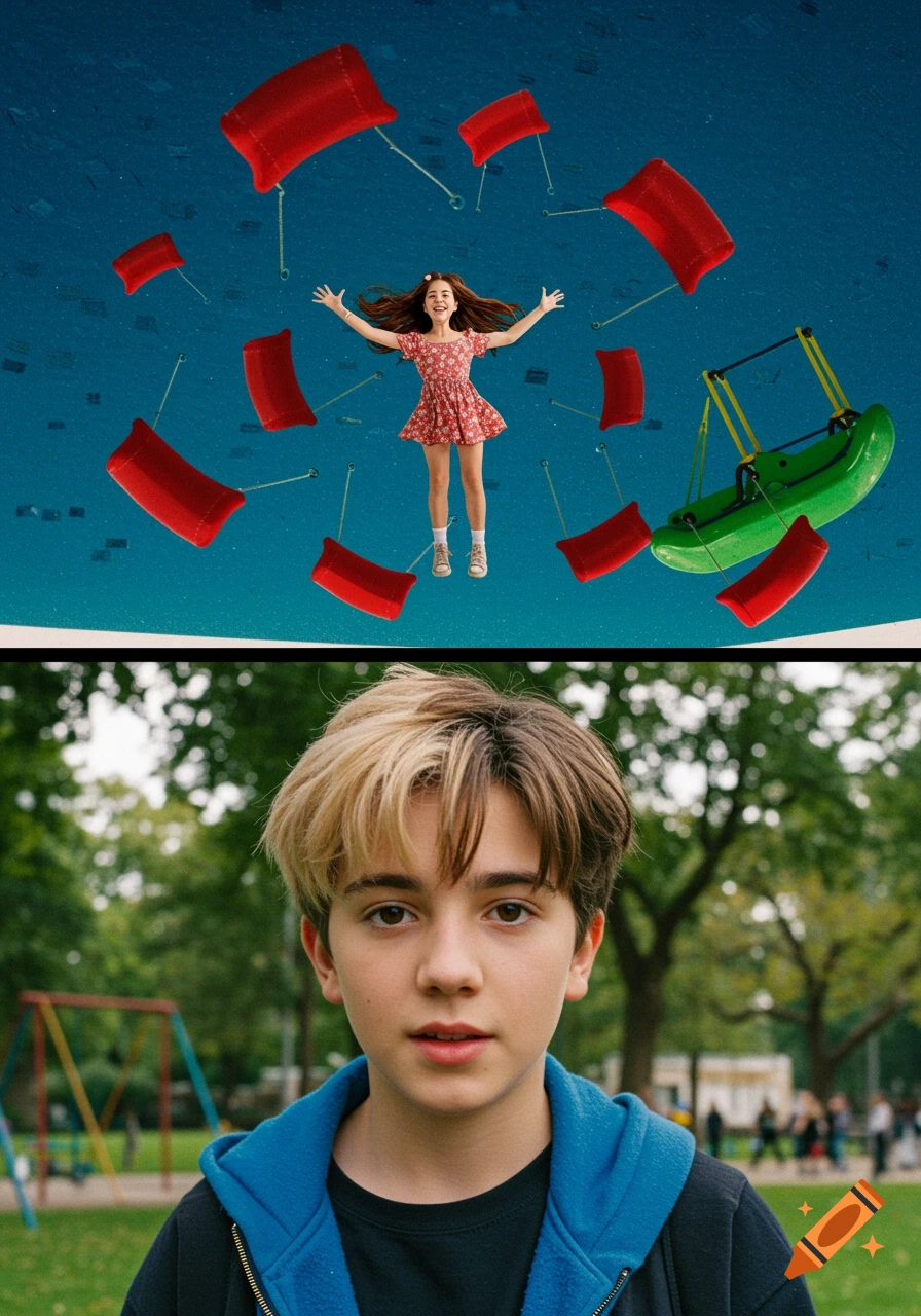 A two-panel image: top shows a girl floating on a blue ceiling with red objects and a green swing; bottom shows a boy with blonde and brown hair in a park.