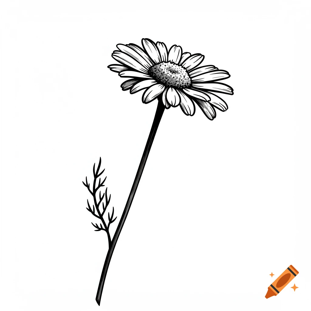 A black and white illustration of a single chamomile flower with a slender stem and small leaves.