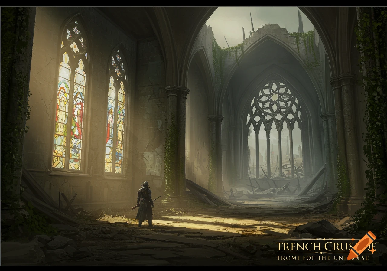 A lone figure stands in a sunlit ruined gothic church with large stained-glass windows and a broken rose window.