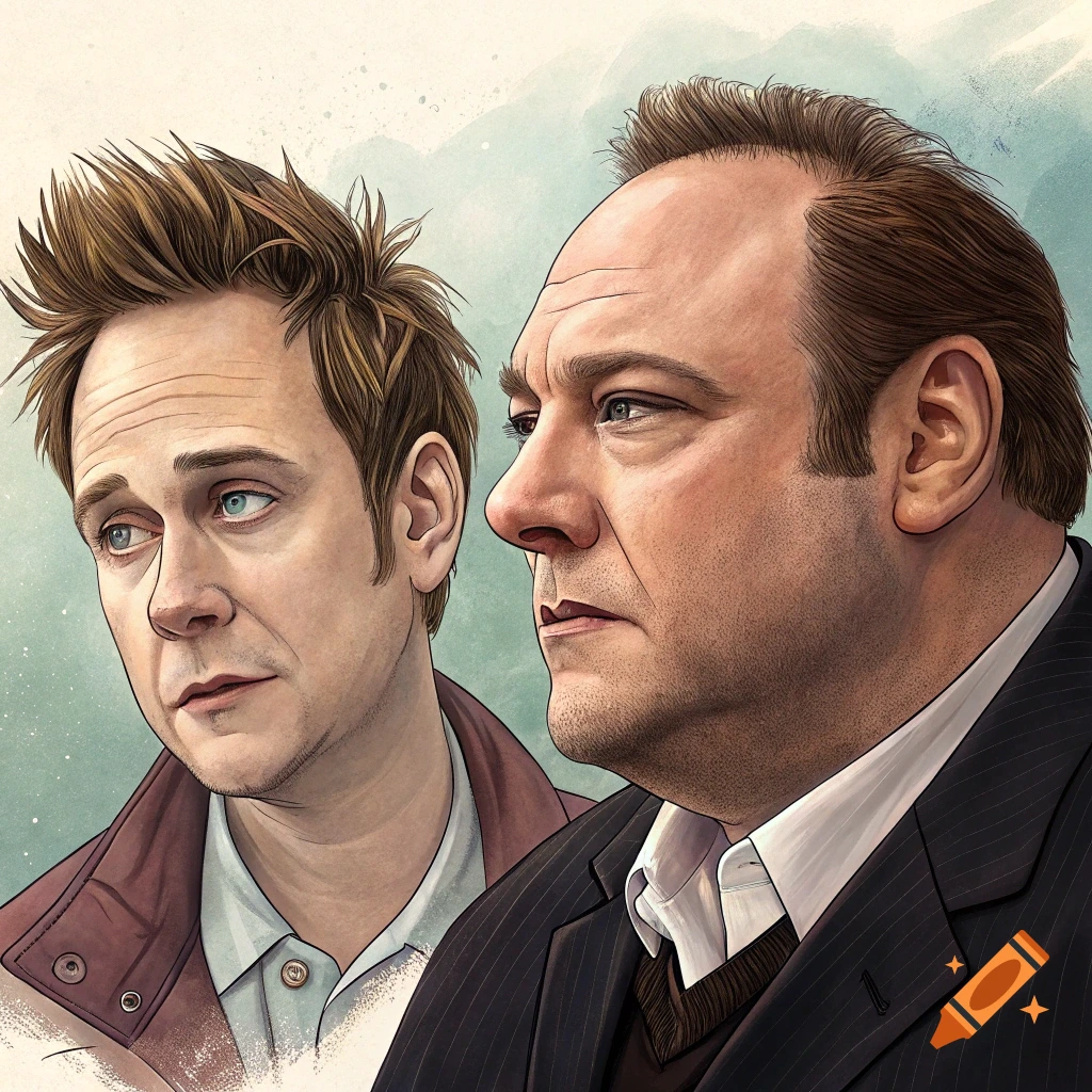 Stylized portrait of two men, resembling James Gunn and James Gandolfini, against a watercolor background.