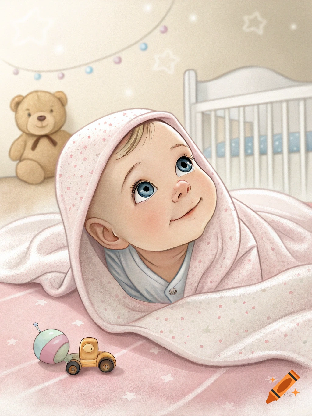 Cute illustration of a baby wrapped in a pink blanket, looking up, with a teddy bear and toy truck in a nursery.