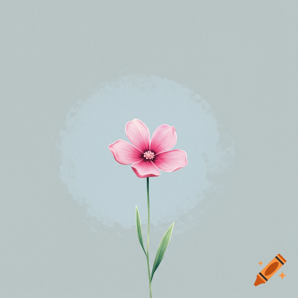 A minimalist illustration of a single pink flower with a green stem and leaves, centered against a soft blue-grey background.