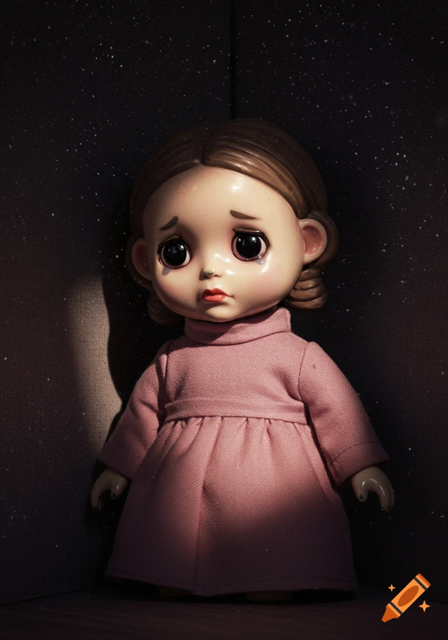 A close-up of a melancholic doll with large, tear-filled eyes, wearing a pink dress, partially lit by a shaft of light in a dark, speckled background.