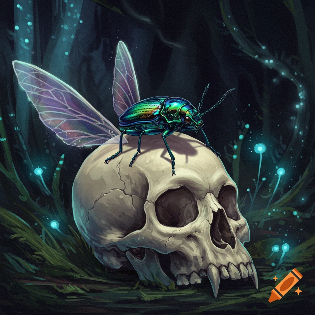 A colorful jewel beetle with iridescent wings perched on a skull in a dark, magical forest with glowing plants. Digital art.