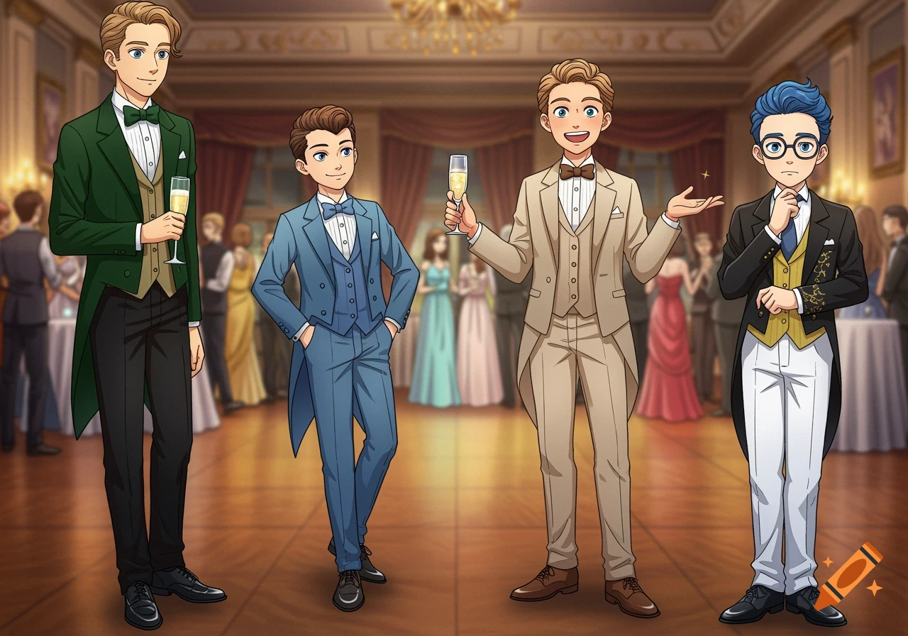 Four anime-style young men in various colored tuxedos at a fancy ballroom event.