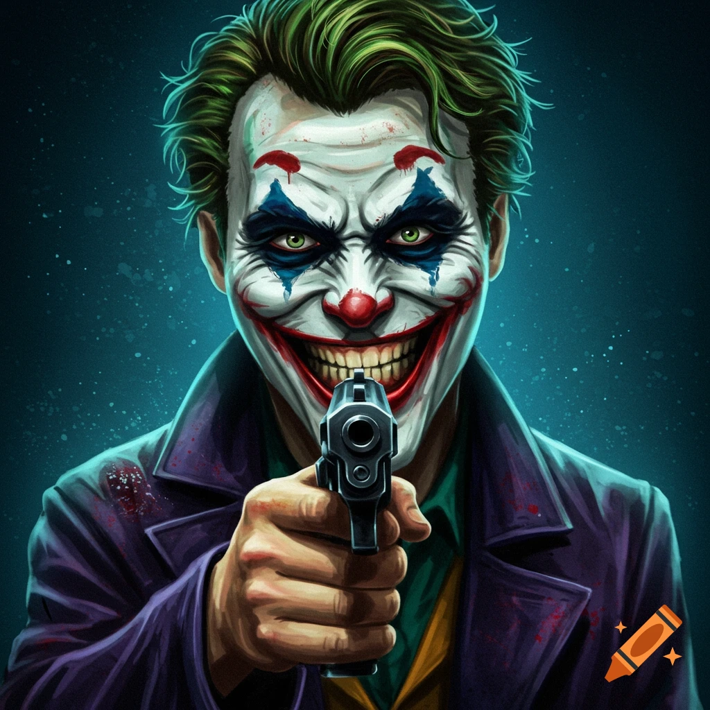 A stylized illustration of a smiling Joker-like character with green hair and clown makeup, wearing a purple jacket, pointing a gun forward.