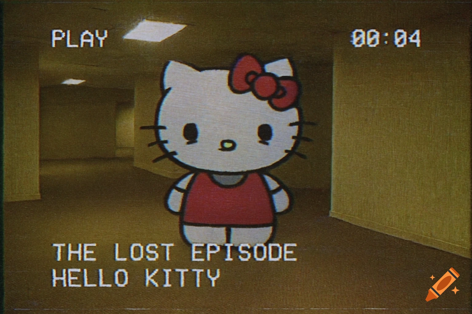 Hello Kitty in a vast, empty yellow hallway of the Backrooms, with a retro VHS filter and a title screen overlay reading 'THE LOST EPISODE HELLO KITTY'.