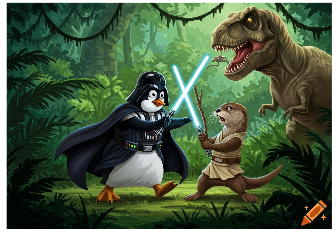 A cartoon penguin as Darth Vader and an otter as Luke Skywalker duel with lightsabers in a jungle, with a T-Rex.
