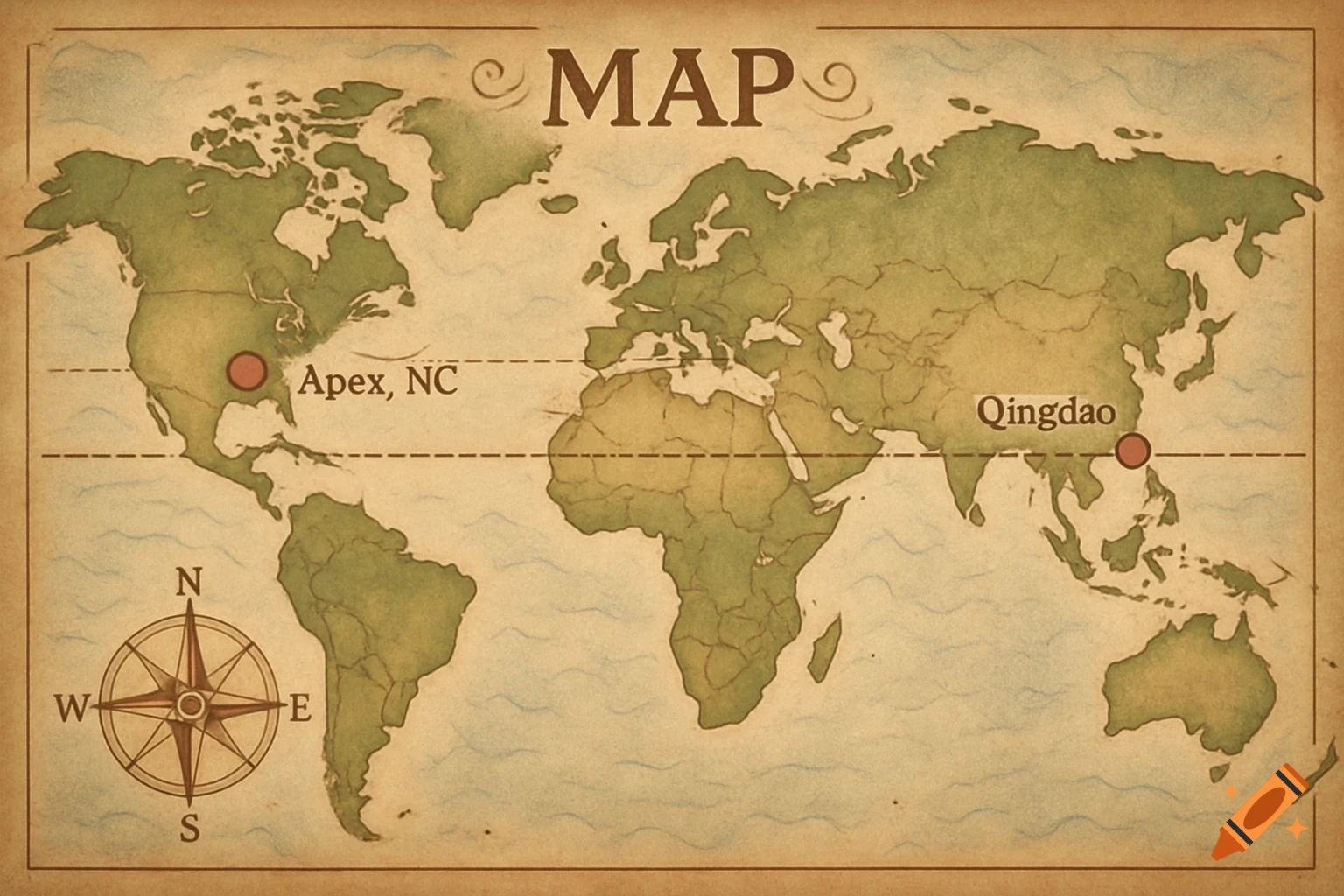 Vintage style world map with Apex, NC and Qingdao marked, connected by a dashed latitude line, and a compass rose.