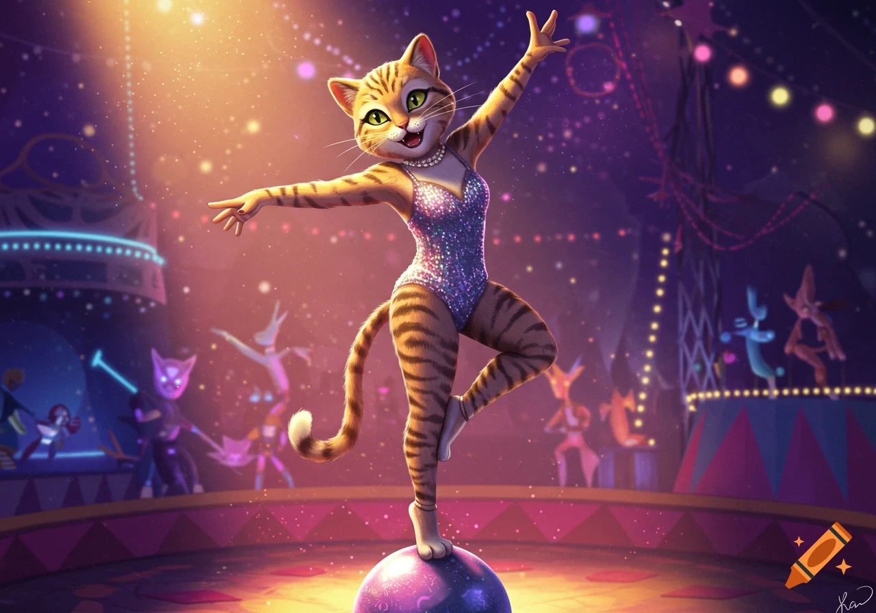An anthropomorphic tabby cat in a sparkly leotard balances on a ball in a brightly lit circus ring, with stylized performers in the background.