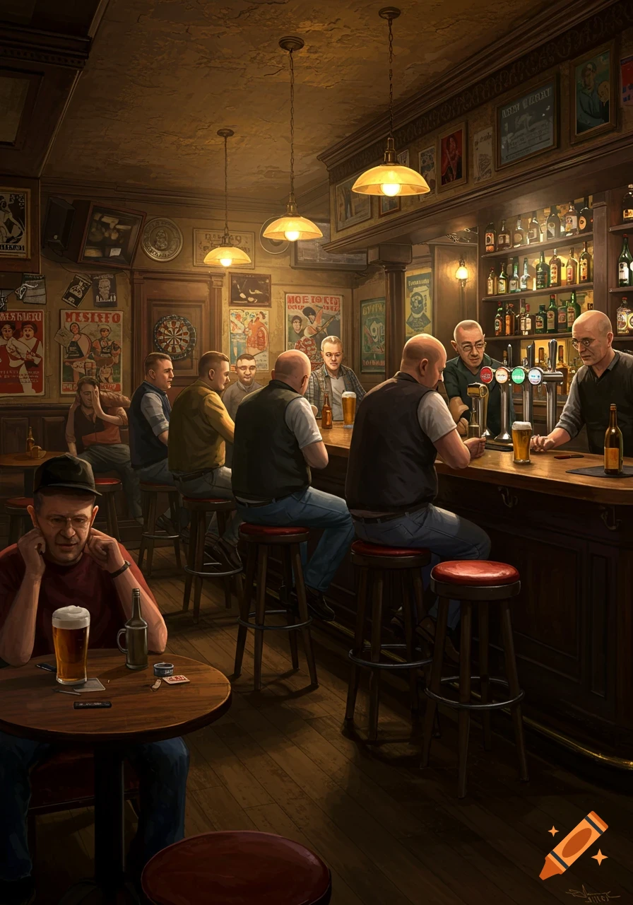 A group of men gathered in a dimly lit British dive bar, drinking beer and socializing.