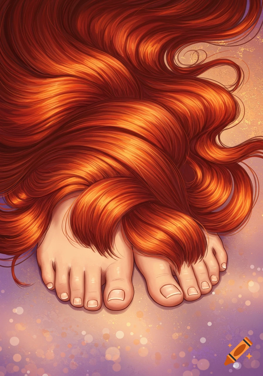 Vibrant red hair flowing around two feet against a sparkling purple and orange background in a stylized illustration.