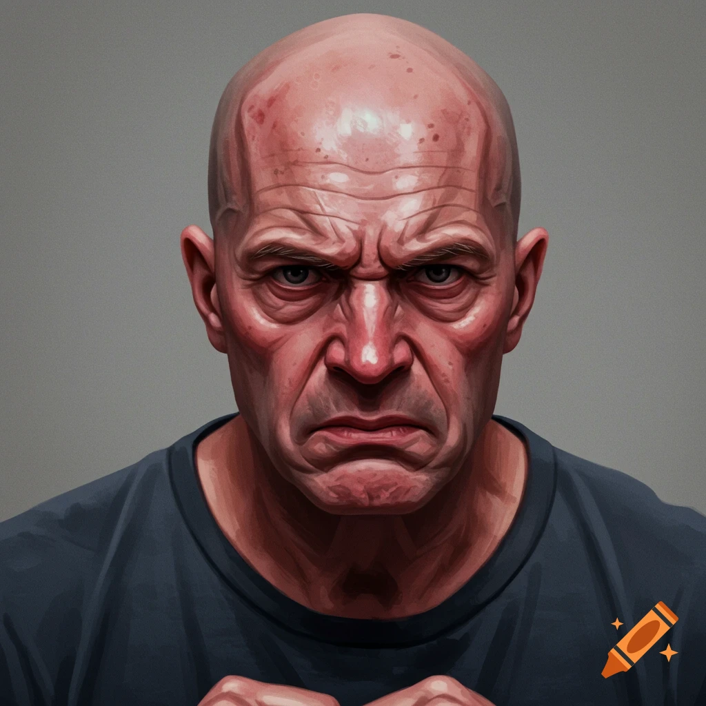 A close-up portrait of a bald man with a red face intensely frowning.