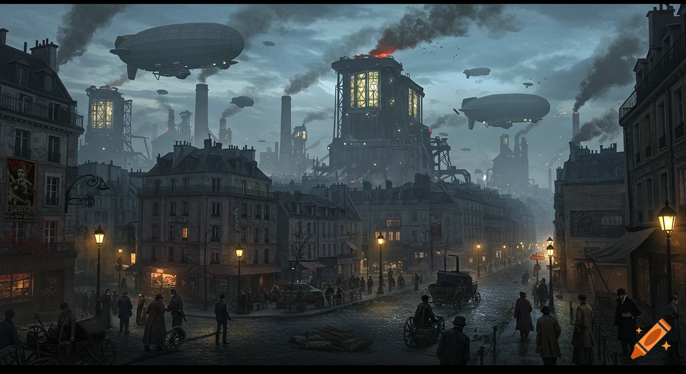 A vast, dark dystopian steampunk city with large industrial buildings emitting smoke, airships in the sky, and people on a cobblestone street at dusk.