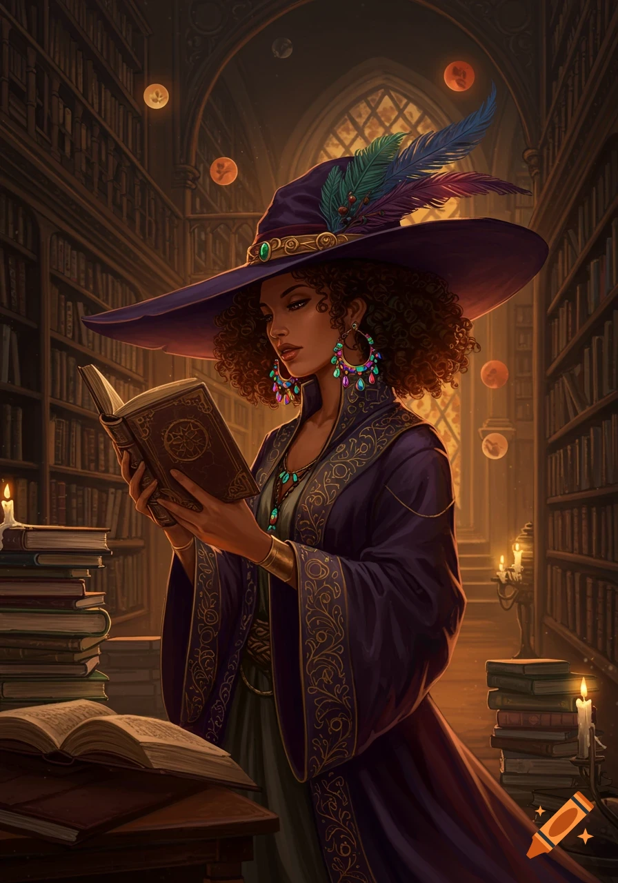 A witch in a purple hat and colorful earrings reads a book in a magical library with glowing orbs and candles, digital art.