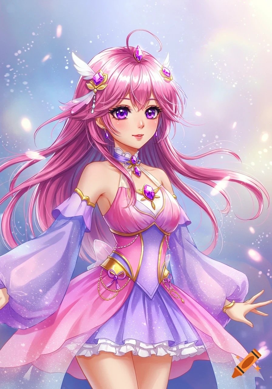 An anime girl with long pink hair and purple eyes wears a pink and purple magical dress, with sparkles in the background.