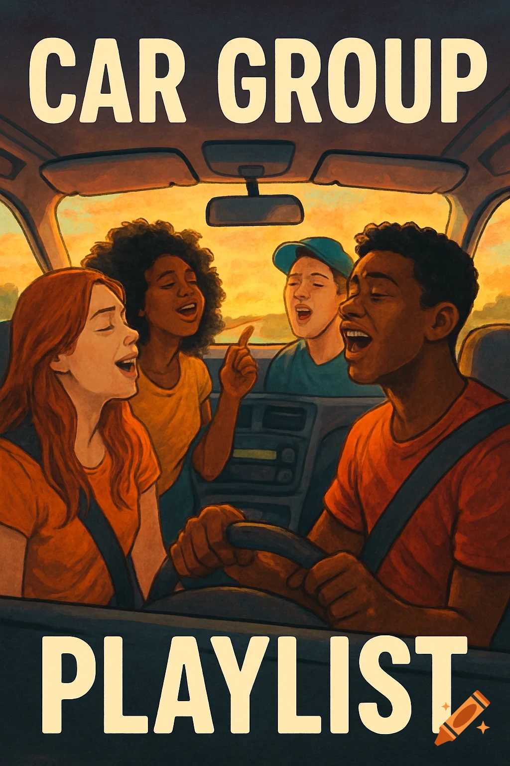 An illustrated image of four young people singing and laughing in a car at sunset, with text 'CAR GROUP PLAYLIST'.