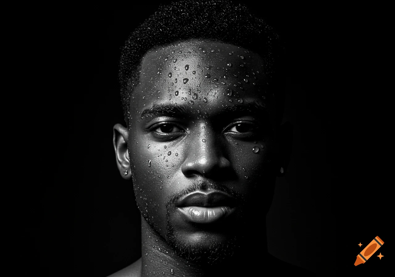 High-contrast black and white close-up portrait of a young man with water droplets on his face.