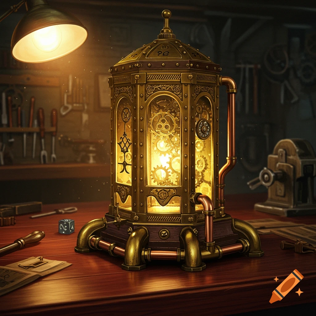 A highly detailed steampunk dice tower made of brass and copper, glowing from within, on a wooden workbench with tools.