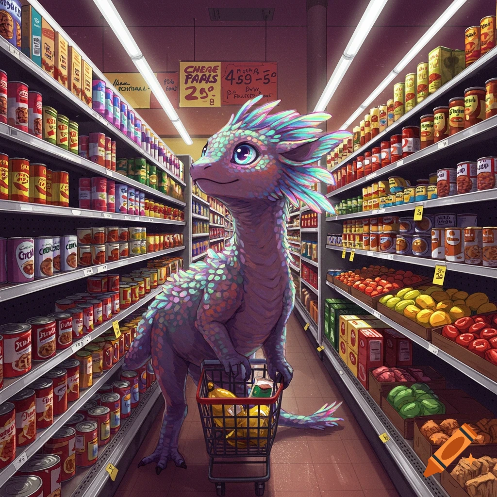A colorful, scaled creature with large eyes pushes a shopping cart down an aisle in a brightly lit grocery store, surrounded by shelves of food.