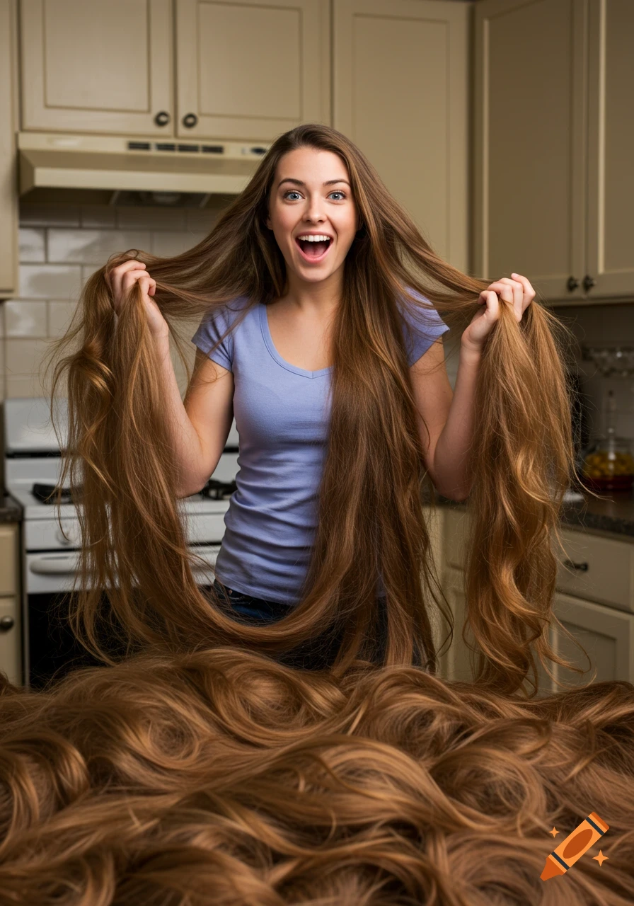 A beautiful young woman in a kitchen, excitedly holding huge piles of her super long, brown hair, looking photorealistic.