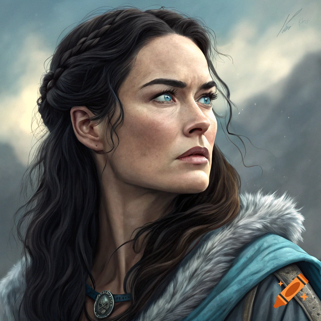 A photorealistic portrait of a woman with dark braided hair, blue eyes ...