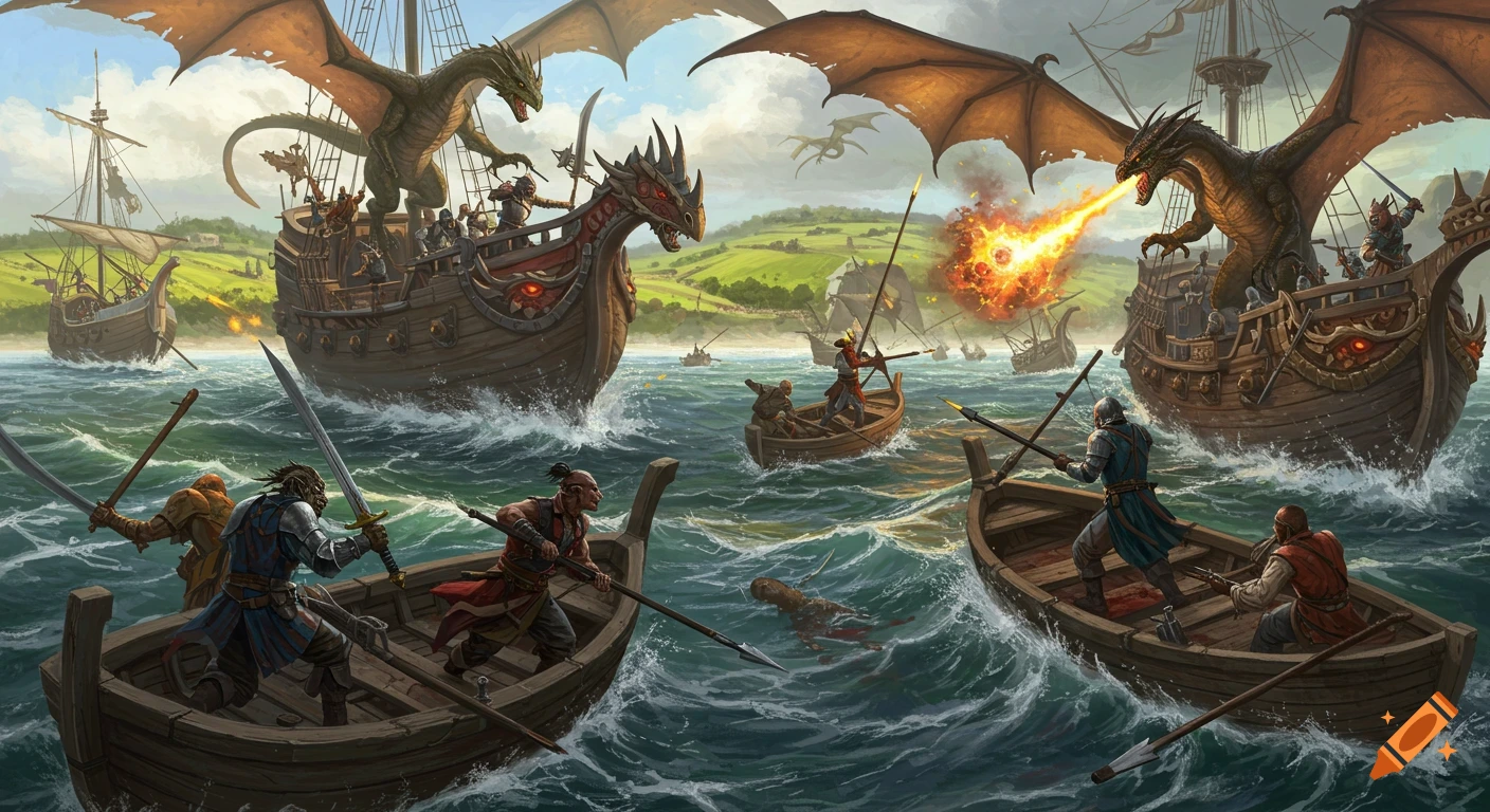 A detailed fantasy illustration of dragons attacking pirate ships and small boats amidst a naval battle on rough seas.