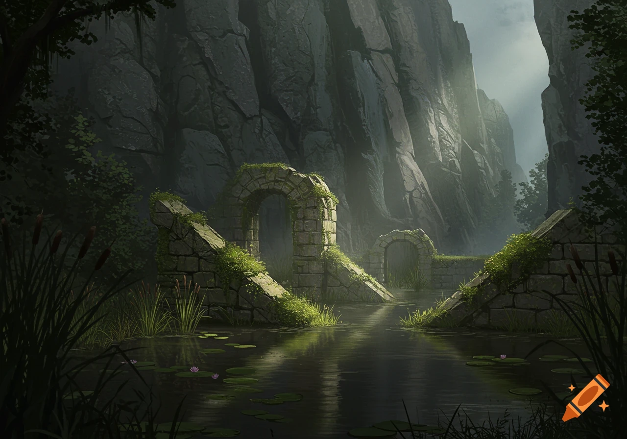 Ancient moss-covered stone arches and walls stand in a dark, still swamp at the base of a towering cliff, with lily pads and tall grasses.