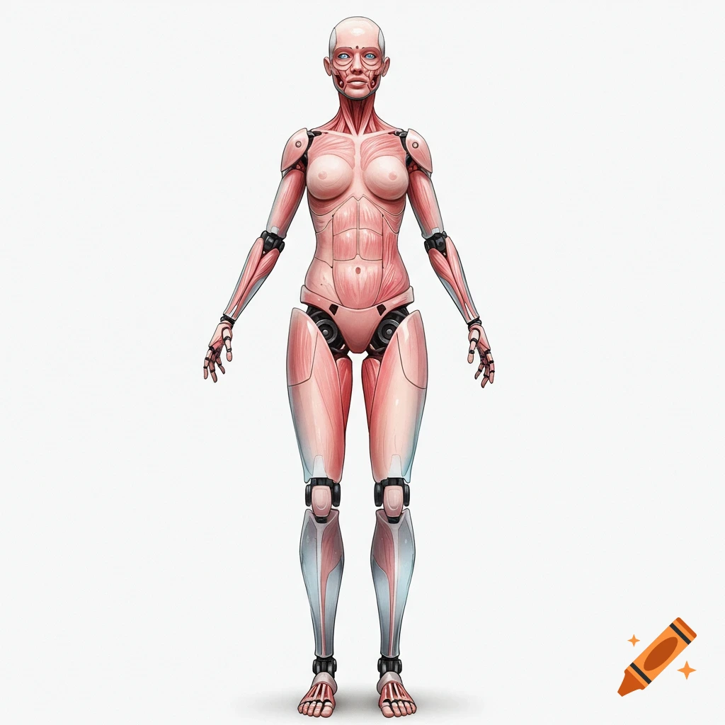 A t-posed female robot, part flesh and part glass, standing on a white background.