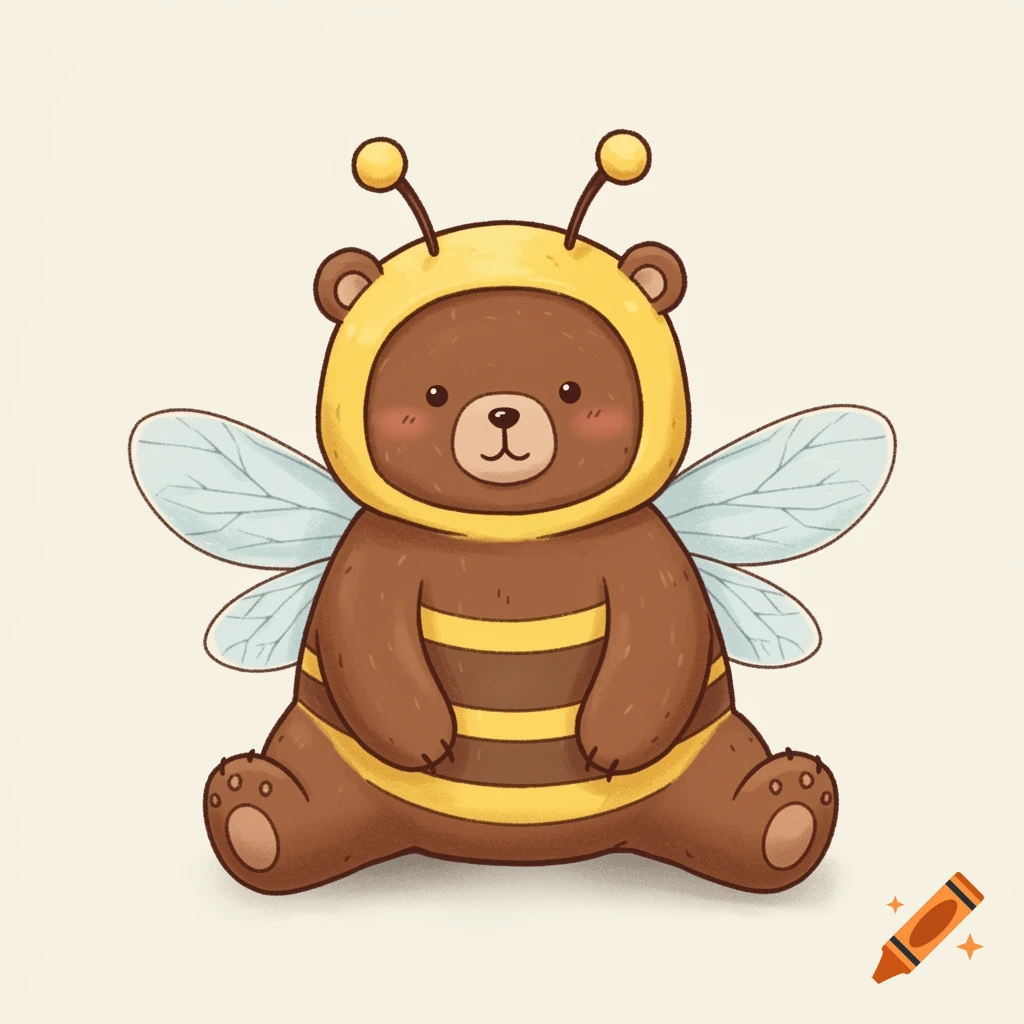 A cute, vintage-style hand-drawn illustration of a brown bear wearing a yellow and black honey bee costume with wings and antennae.