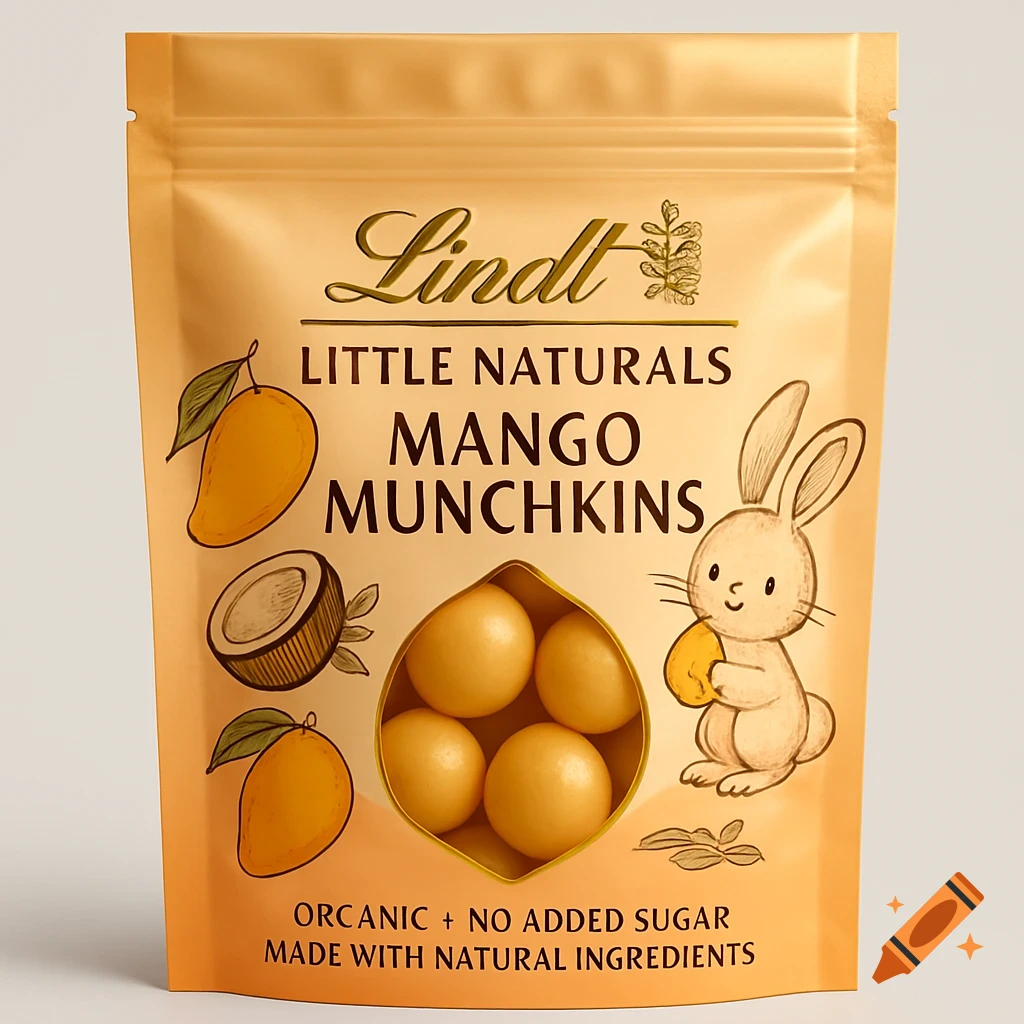 A gold and orange stand-up pouch of 'Lindt Little Naturals Mango Munchkins' with a cartoon bunny, mangoes, and a window showing truffles.
