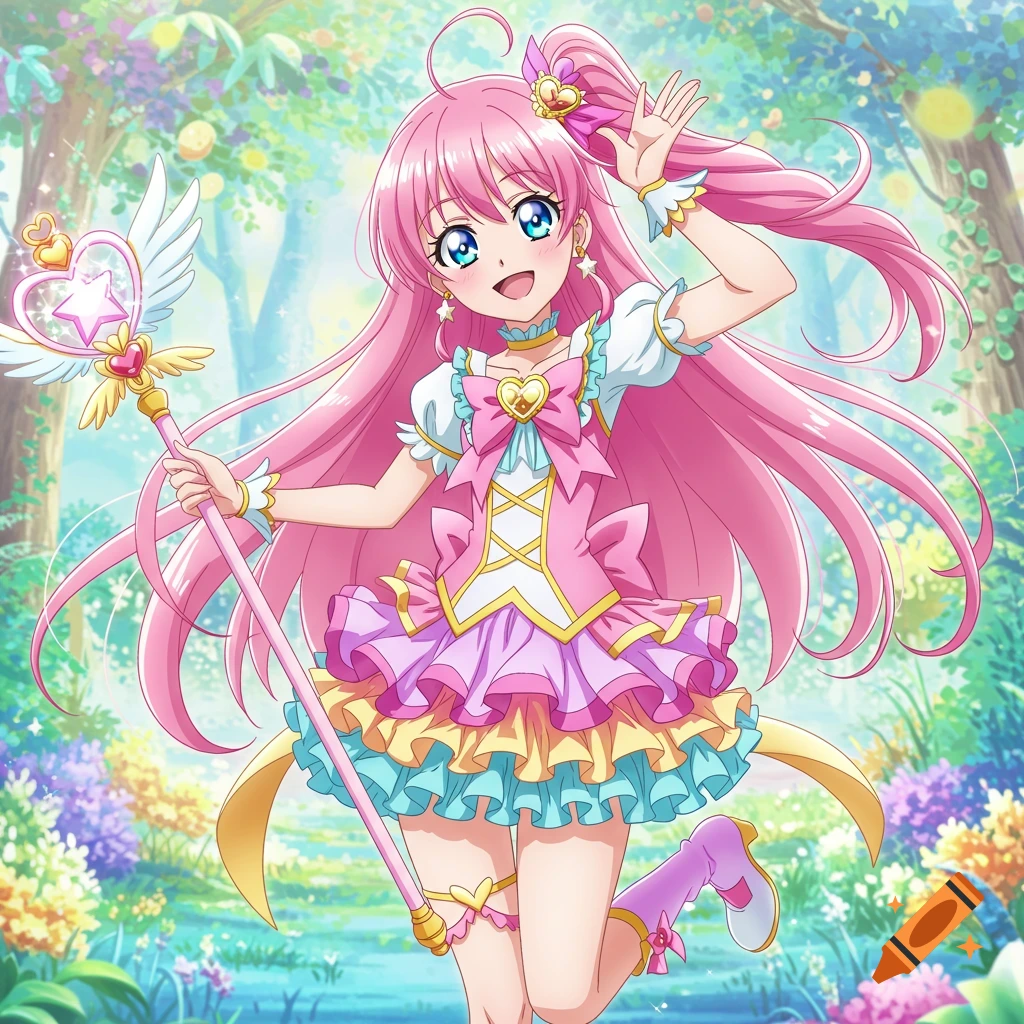 A cheerful anime girl with long pink hair and blue eyes, wearing a pink magical girl outfit, holding a star-topped staff in a vibrant forest.
