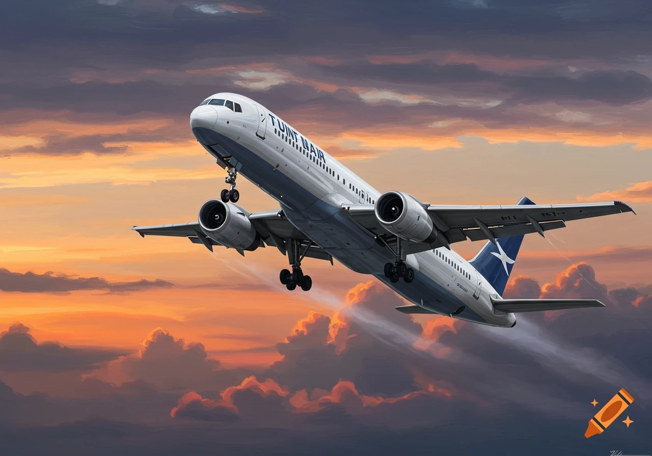 A white and blue passenger airplane takes off against a vibrant orange and purple sunset sky.