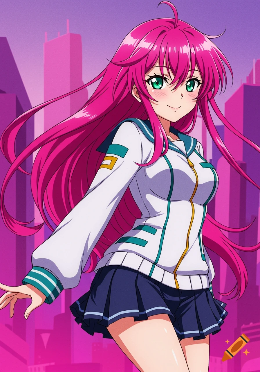 Anime woman with long pink hair and green eyes, smiling in a white and blue school uniform against a pink city background.