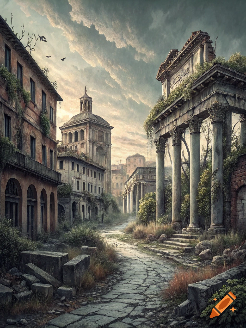 A crumbling, overgrown street in an ancient city, with classical ruins and old buildings under a cloudy sky.